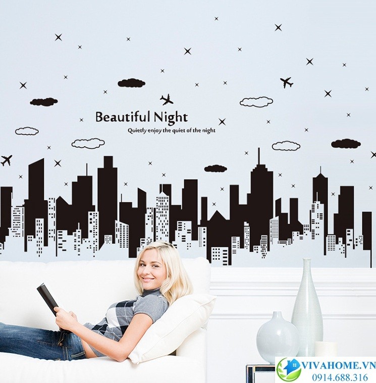 Decal dán tường Thành phố lên đèn