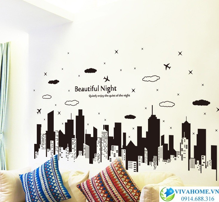 Decal dán tường Thành phố lên đèn