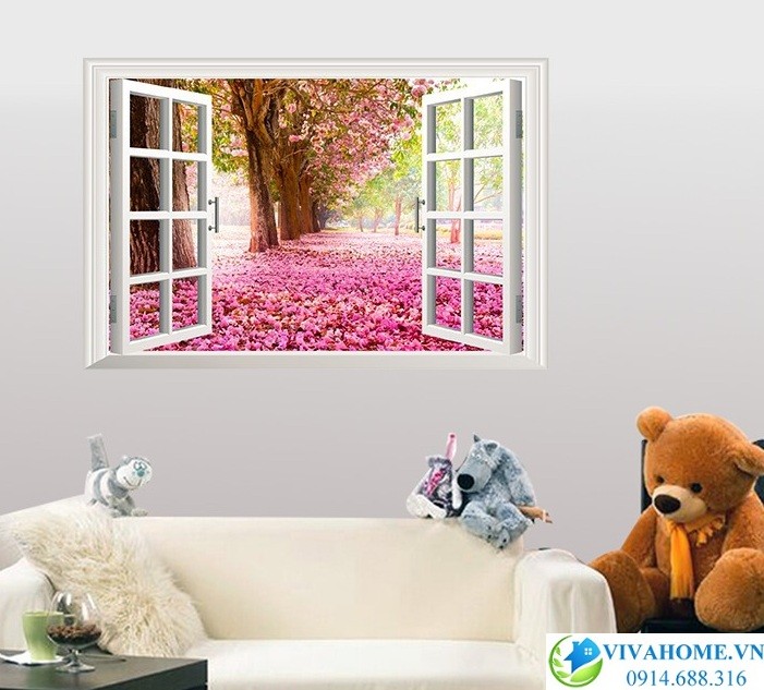 Decal dán tường Cửa sổ công viên hoa anh đào