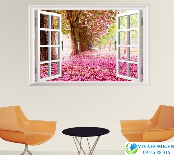 Decal dán tường Cửa sổ công viên hoa anh đào