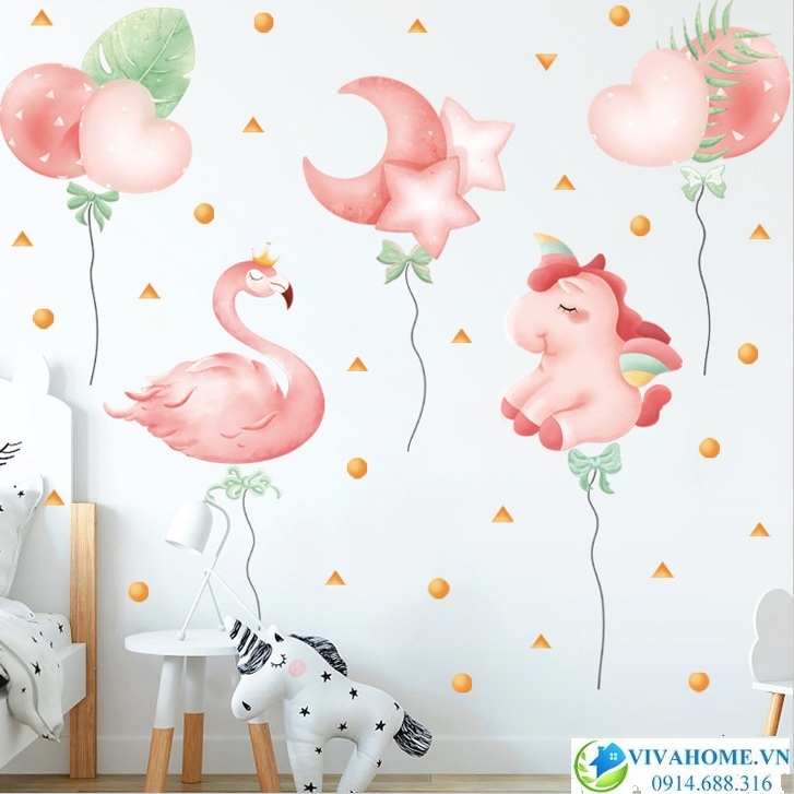 Decal dán tường  Hạc hồng và kỳ lân bóng bay