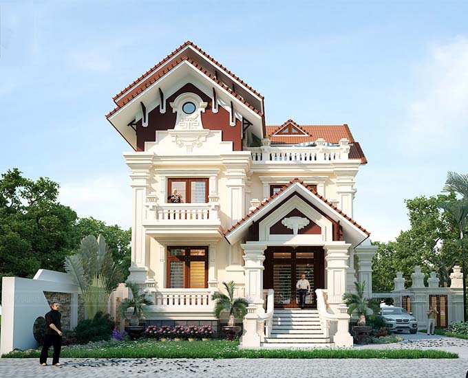 mẫu nhà 2 tầng mái thái mặt tiền 8m
