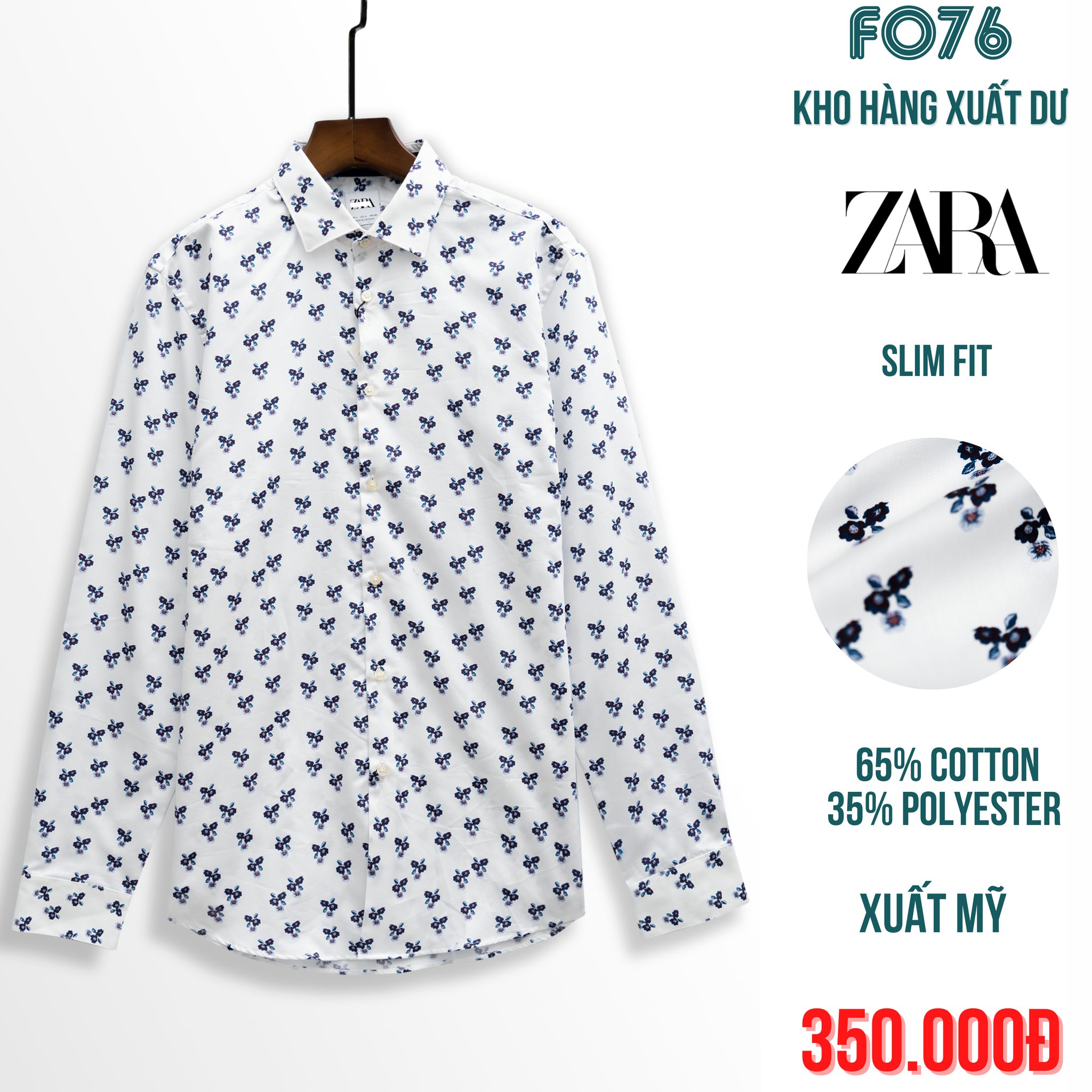 ZARA ÁO SƠ MI NAM TAY DÀI SLIM FIT MÀU BÔNG TRẮNG RN 77302 FO76