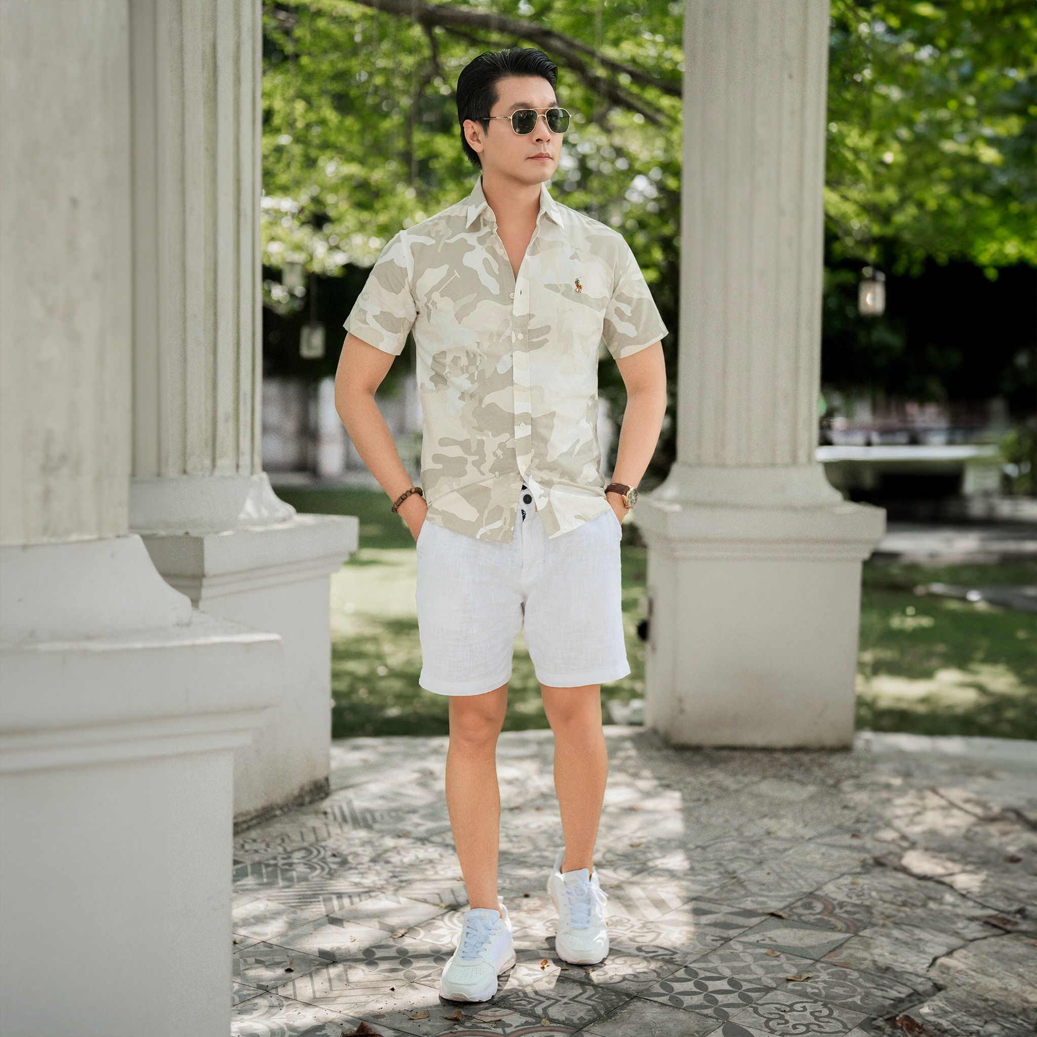 POLO MASSIMO - ÁO SƠ MI NAM TAY NGẮN HOẠ TIẾT TRỪU TƯỢNG MÀU KEM – FO76 - Thời trang - Công sở - Trung niên - Hàng xuất dư