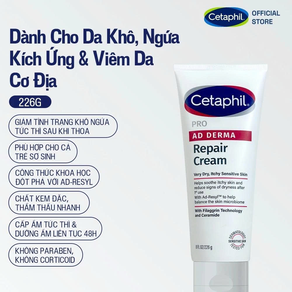 Kem Làm DỊu Phục Hồi Da Khô Kích Ứng Viêm Da Cơ Địa Cetaphil Pro AD Derma Repair Cream 226g