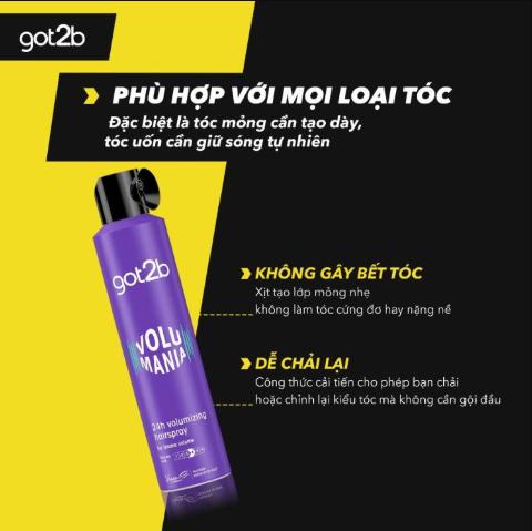 Xịt Tạo Độ Phồng Cho Tóc Got2b Volumaniac 24h Volumising Hairspray - 300ml (Tím)
