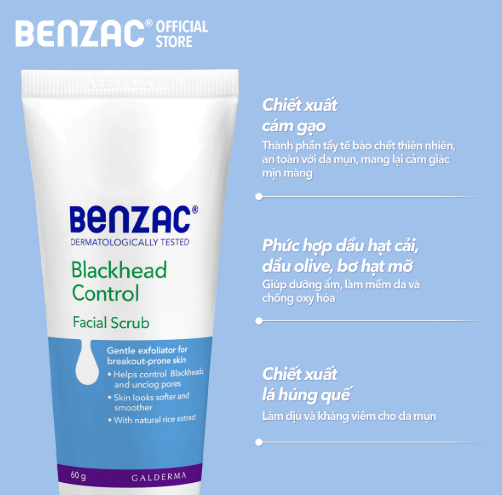 Tẩy Tế Bào Da Mặt BENZAC Blackhead Control Scrub Làm Sạch Mụn Đầu Đen Cho Da Dầu Mụn 60g