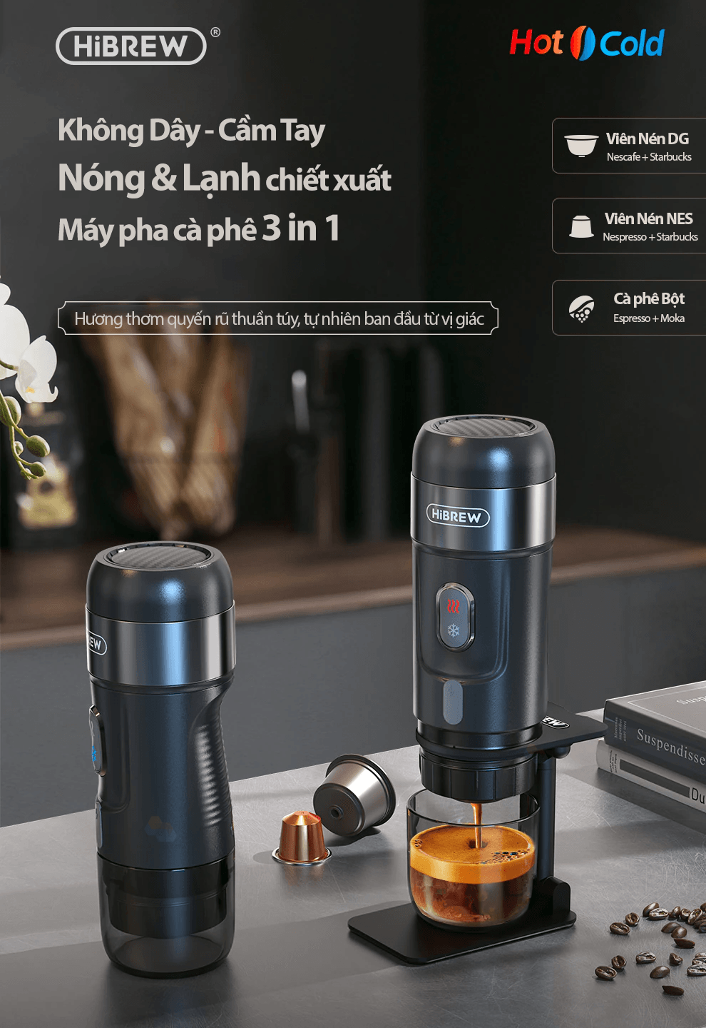 Máy pha cà phê mini HiBREW H4A cầm tay 3 trong 1 sử dụng mọi nơi, pha cafe espresso, cà phê viên nén, nóng và lạnh