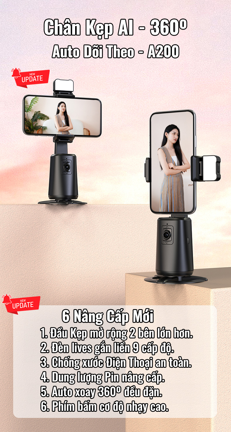 Chân kẹp AI theo dõi chủ thể cho điện thoại livestream, quay Video A200 nâng cấp