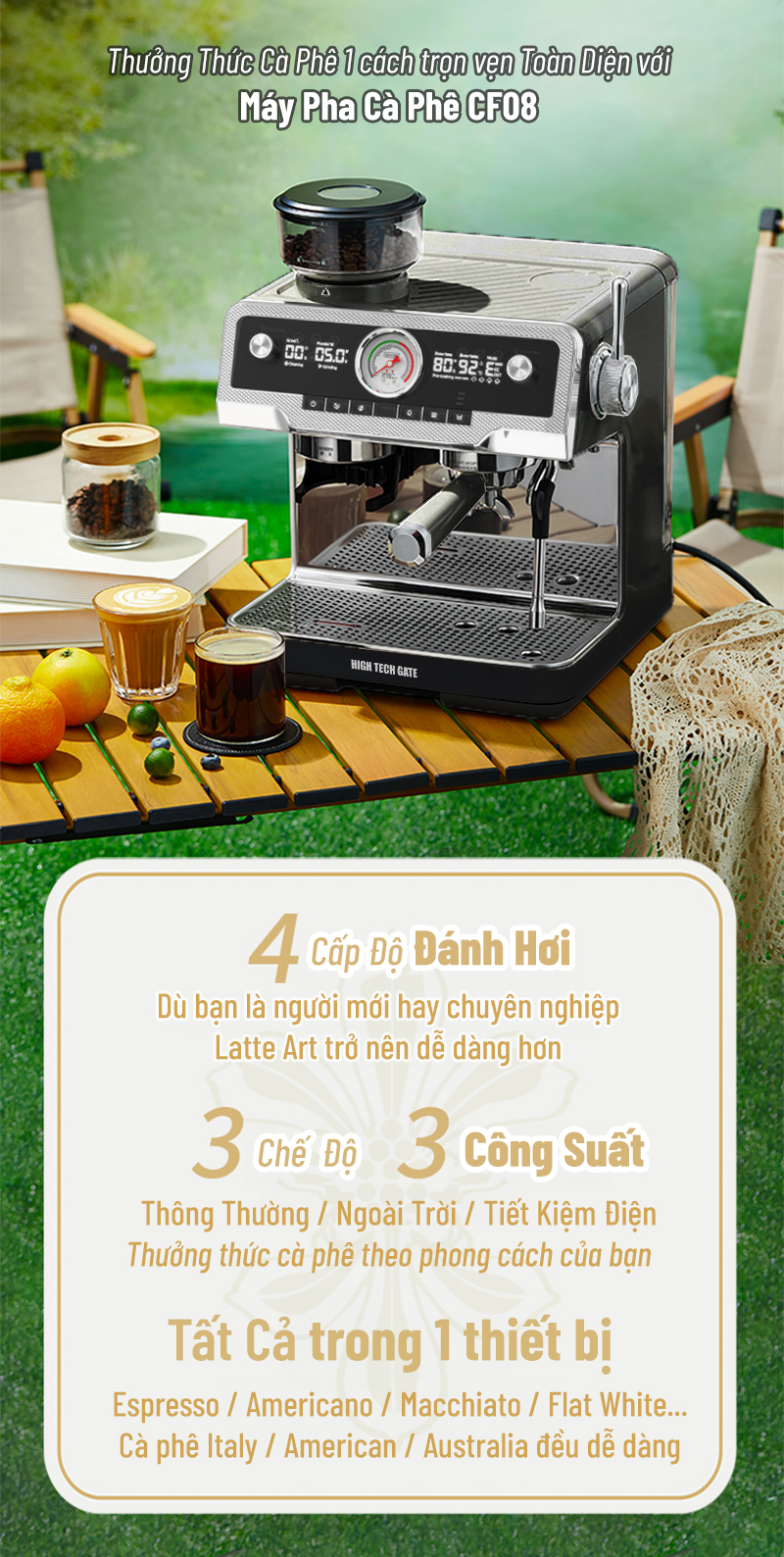 Bộ máy pha cà phê CF08 xay hạt cà phê, lấy nước nóng, đánh bọt sữa độc lập, toàn diện DIY chức năng