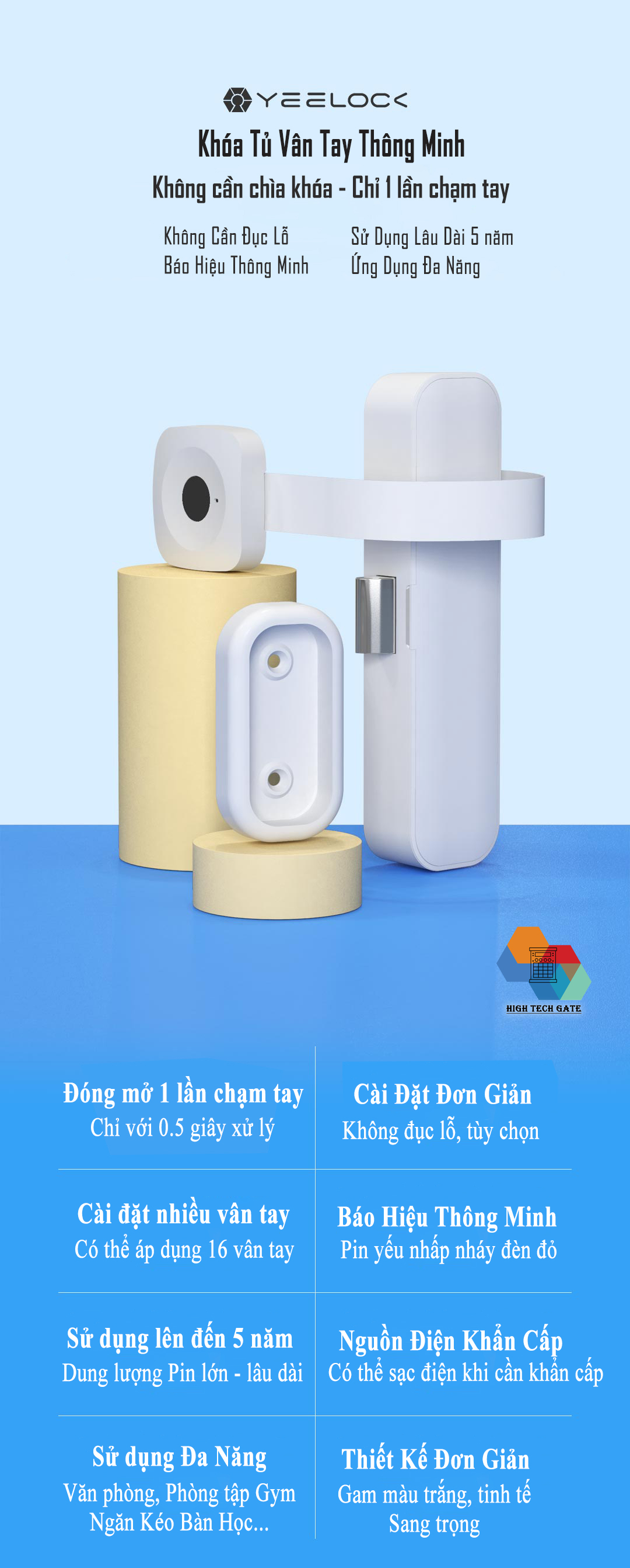 Khóa Tủ Vân Tay Thông Minh Xiaomi Yeelock ZNGS06YSB lắp đặt dễ dàng, thiết lập lên đến 16 vân tay, không cần chìa khóa, tốc độ xử lý 0.5 giây, phù hợp với đa dạng tủ, hàng chính hãng