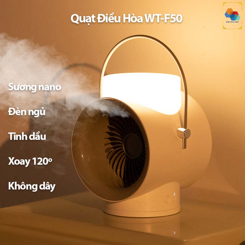 Quạt không dây phun sương tạo ẩm WT-F50 kết hợp tinh dầu tạo hương thơm, tự đông xoay 120º, 3 cấp độ gió mạnh mẽ, kiêm đèn ngủ bật tắt bảo vệ mắt, hàng chính hãng