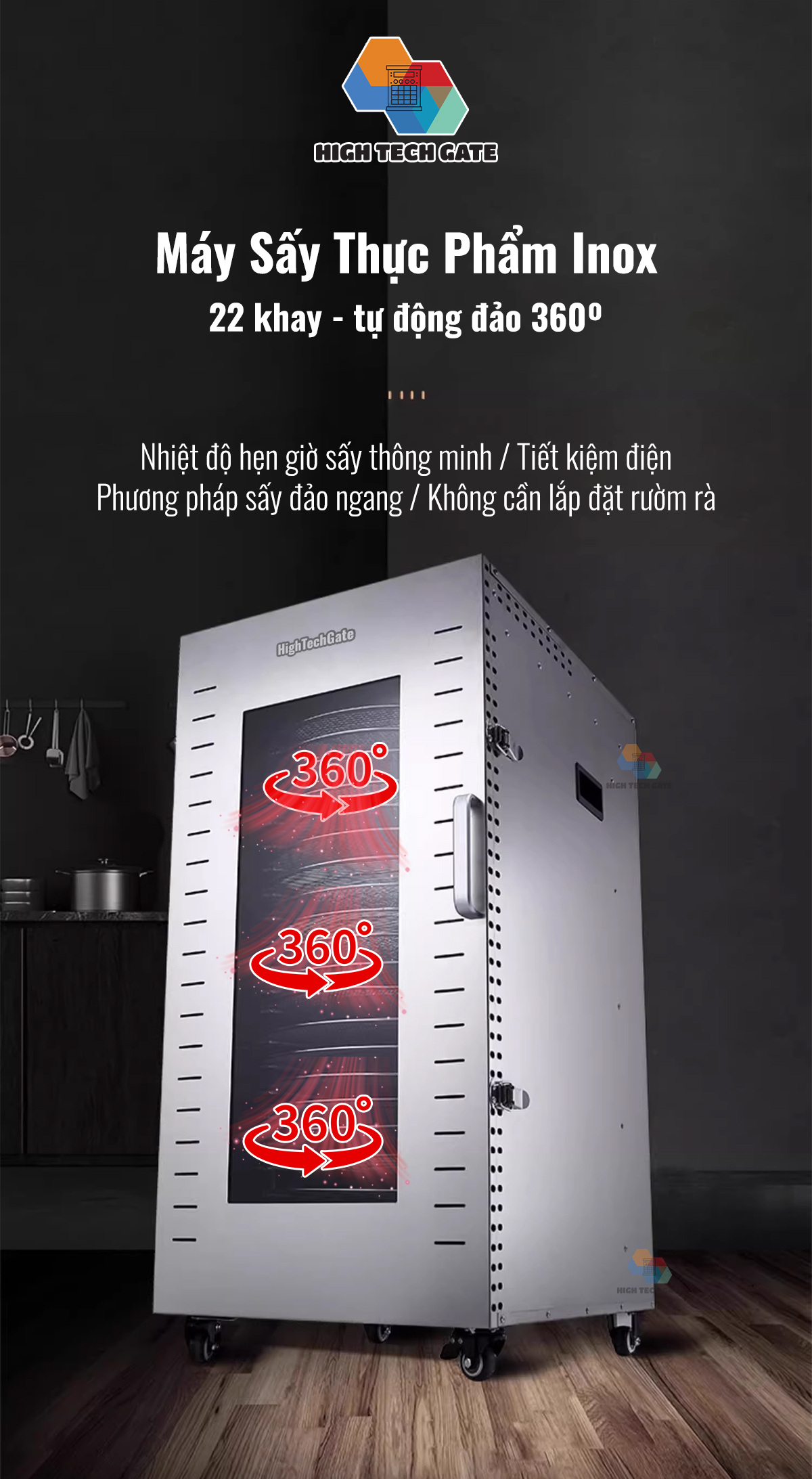 Máy sấy thực phẩm Inox 22 khay SS24H đảo 360°