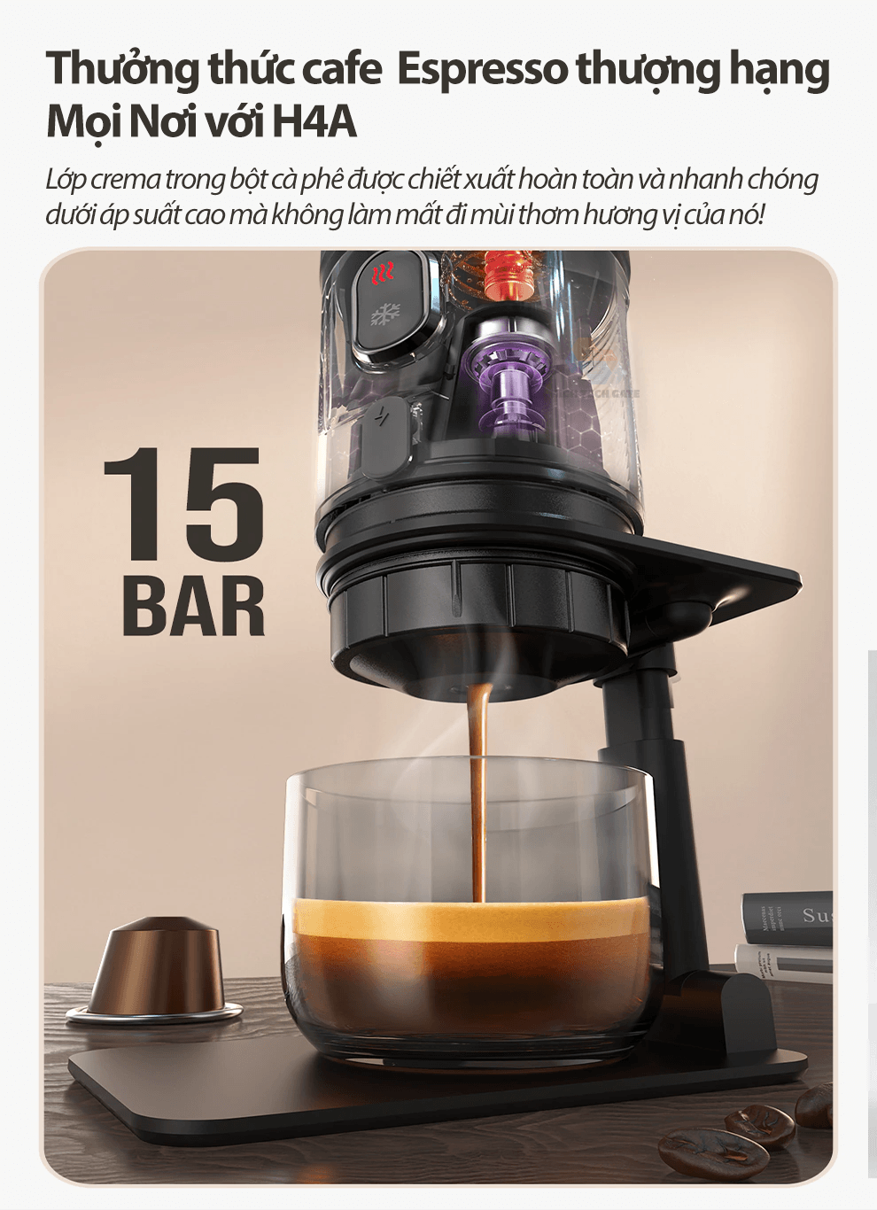 Máy pha cà phê mini HiBREW H4A cầm tay 3 trong 1 sử dụng mọi nơi, pha cafe espresso, cà phê viên nén, nóng và lạnh