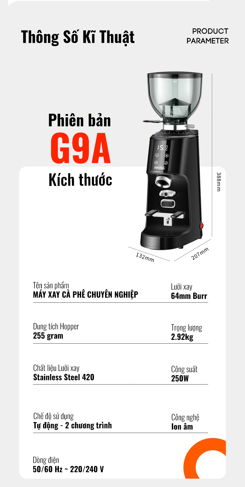 Máy Xay Cà Phê G9A Tự Động 2 Lập Trình, 100 Cấp Xay Cực Mịn, Thương Mại Chuyên Nghiệp, Bản Nâng Cấp