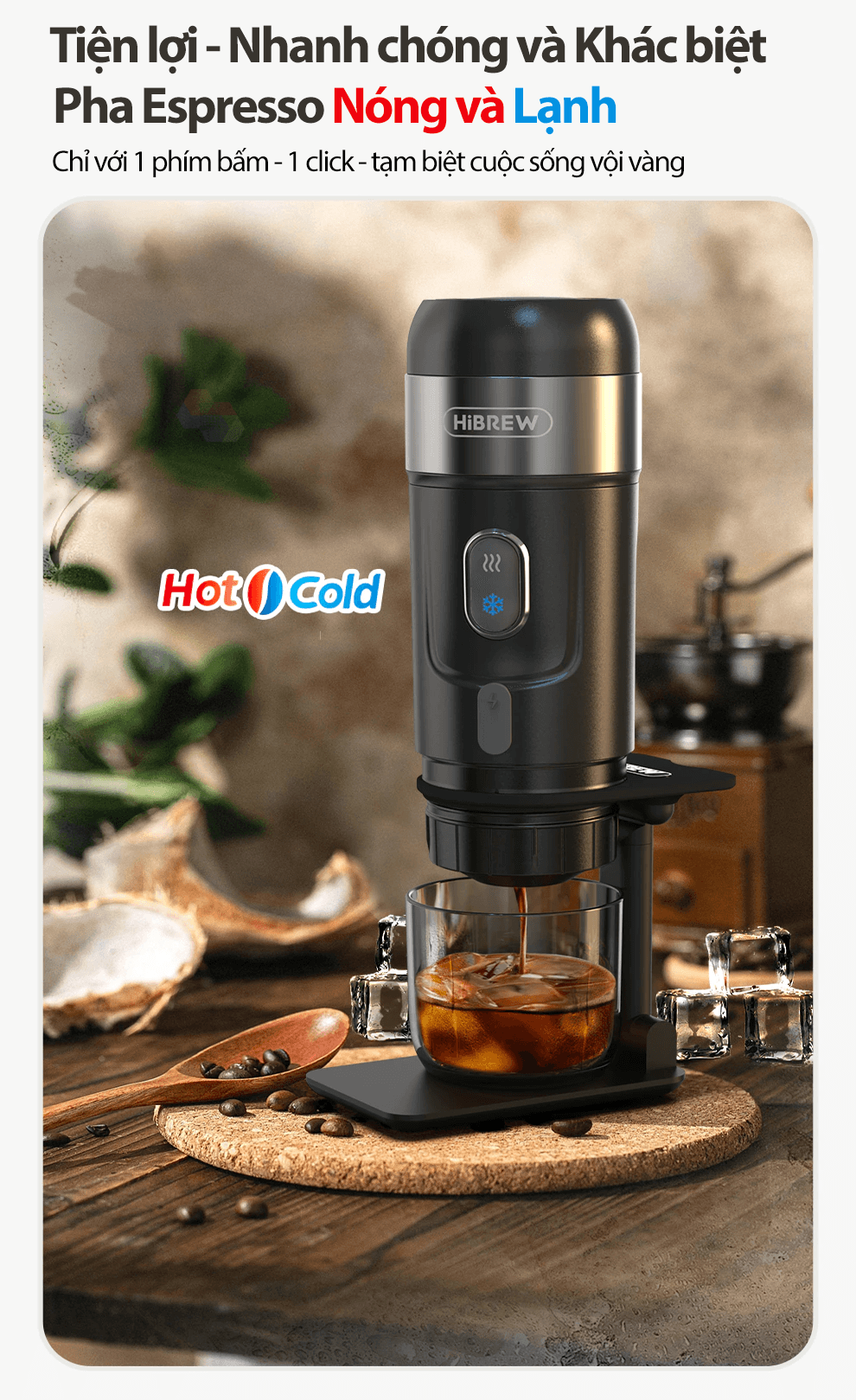 Máy pha cà phê mini HiBREW H4A cầm tay 3 trong 1 sử dụng mọi nơi, pha cafe espresso, cà phê viên nén, nóng và lạnh