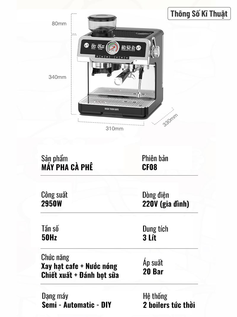 Bộ máy pha cà phê CF08 xay hạt cà phê, lấy nước nóng, đánh bọt sữa độc lập, toàn diện DIY chức năng