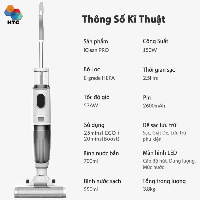 Máy hút bụi lau sàn không dây hút ướt công nghệ mới Airbot Iclean Pro, hút dầu mỡ, thức ăn, rác thải, tự động Giặt Dẻ siêu tiện lợi
