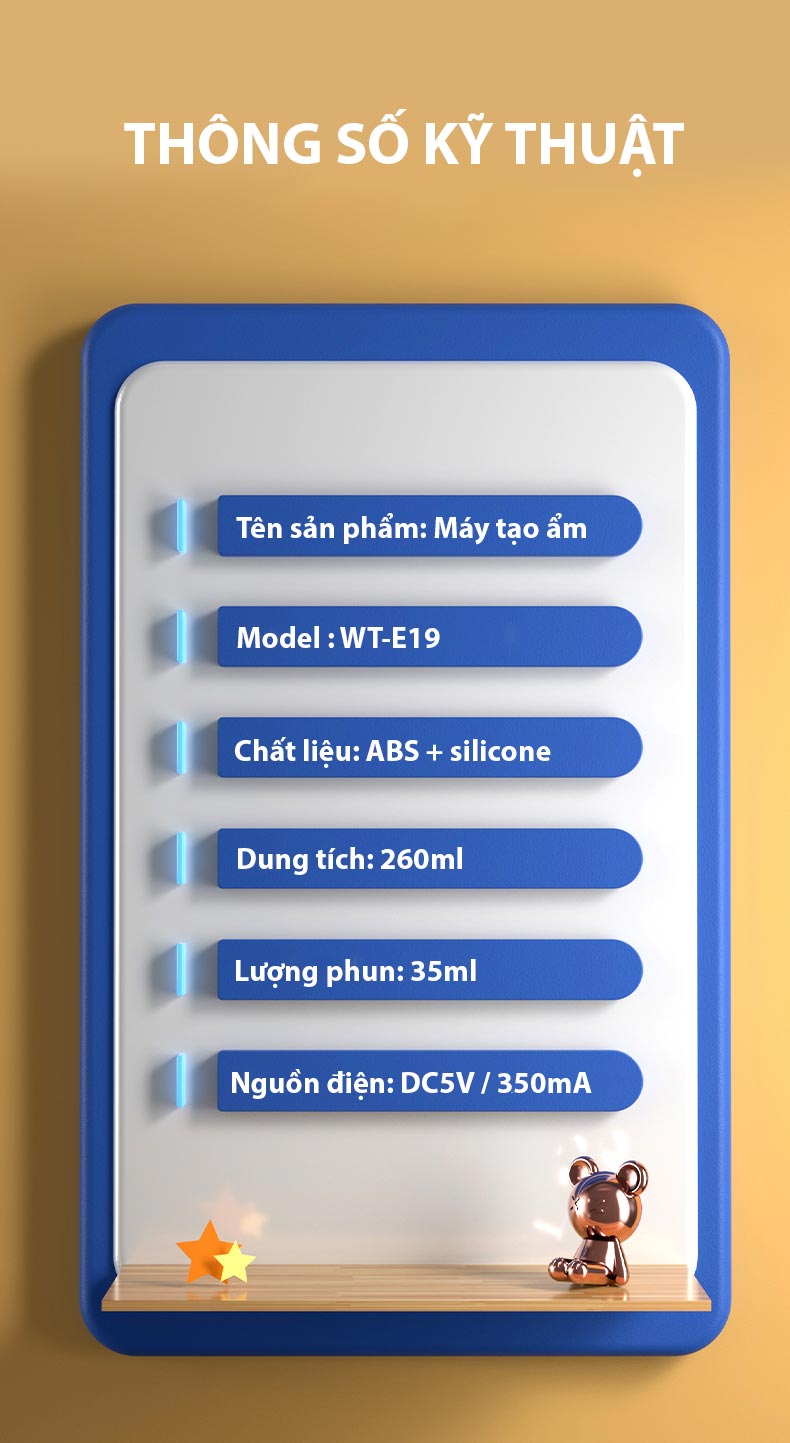 Máy xông tinh dầu Cyke WT-E19 mini để bàn, phun sương, tạo độ ẩm, phiên bản không gian có đèn ngủ