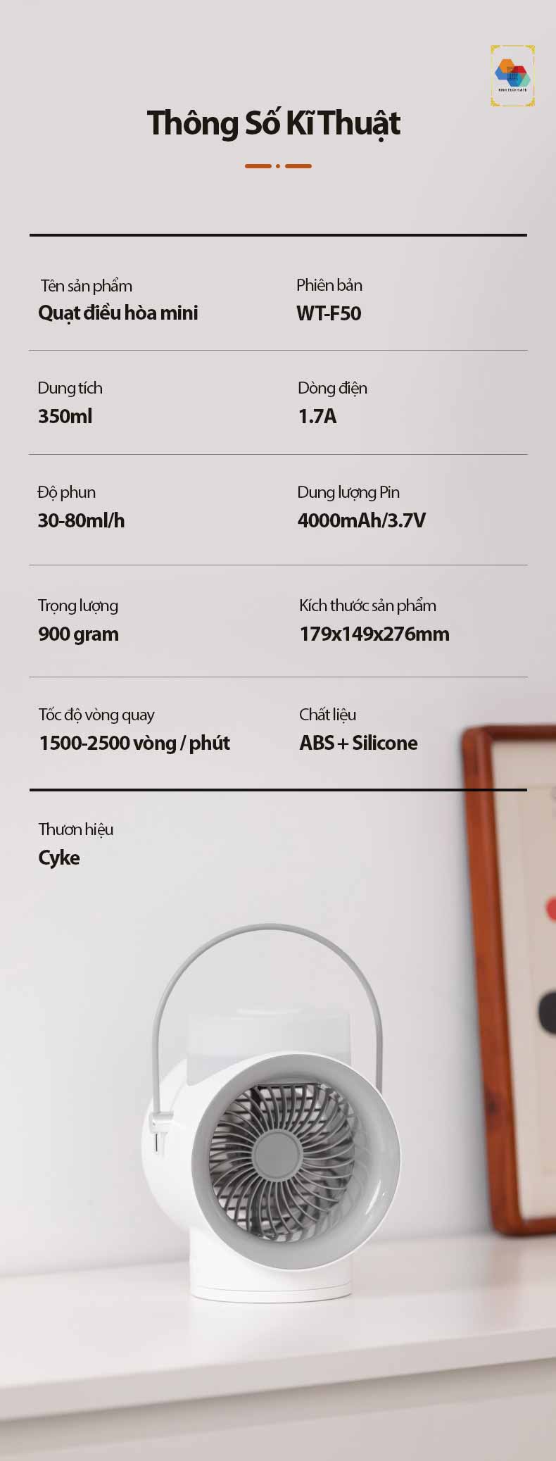 Quạt không dây phun sương tạo ẩm WT-F50 kết hợp tinh dầu tạo hương thơm, tự đông xoay 120º, 3 cấp độ gió mạnh mẽ, kiêm đèn ngủ bật tắt bảo vệ mắt, hàng chính hãng