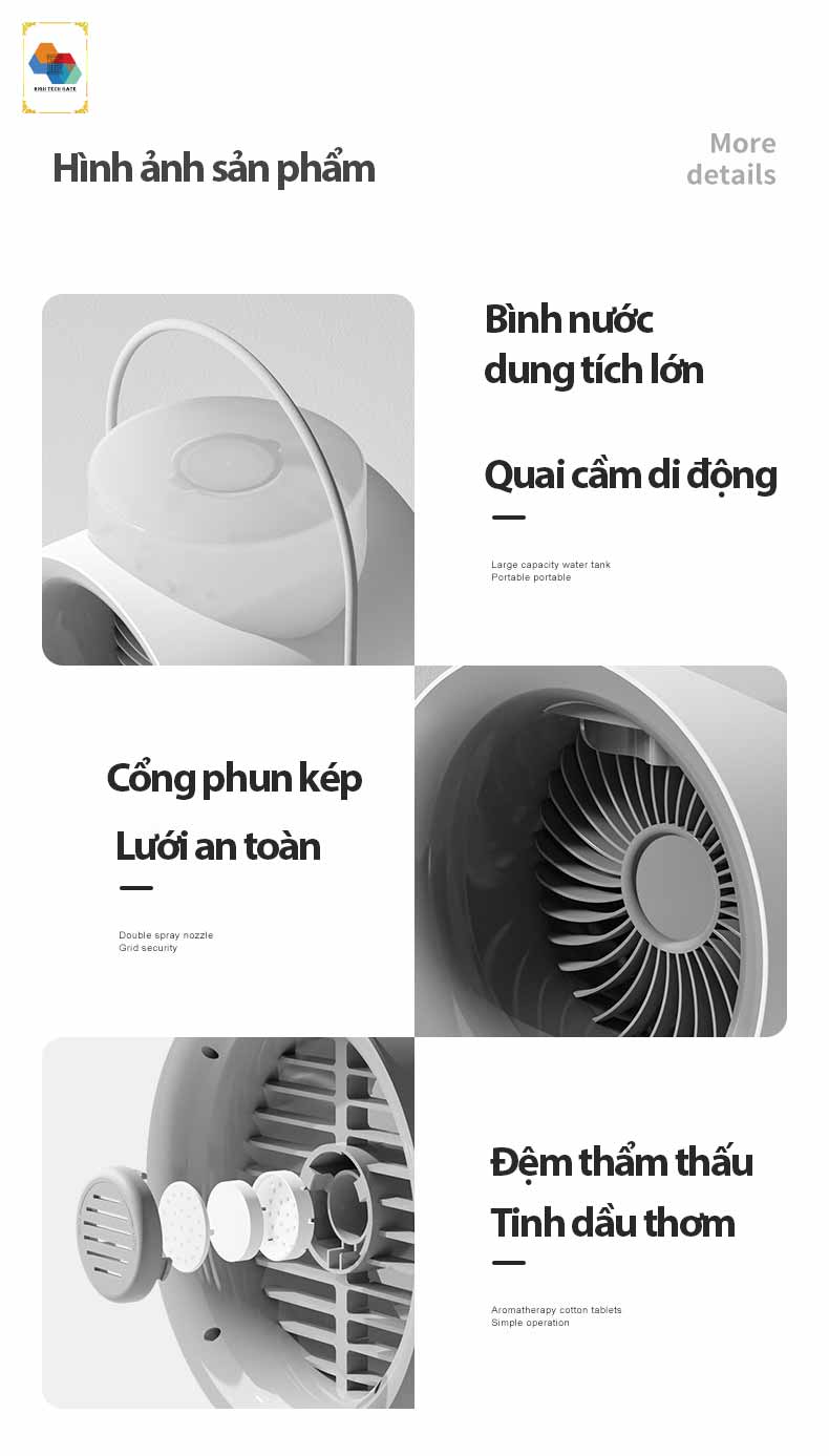 Quạt không dây phun sương tạo ẩm WT-F50 kết hợp tinh dầu tạo hương thơm, tự đông xoay 120º, 3 cấp độ gió mạnh mẽ, kiêm đèn ngủ bật tắt bảo vệ mắt, hàng chính hãng