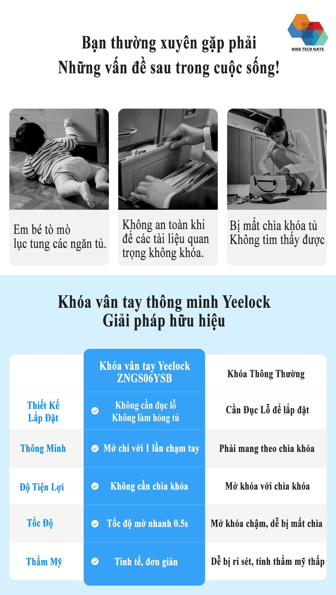 Khóa Tủ Vân Tay Thông Minh Xiaomi Yeelock ZNGS06YSB lắp đặt dễ dàng, thiết lập lên đến 16 vân tay, không cần chìa khóa, tốc độ xử lý 0.5 giây, phù hợp với đa dạng tủ, hàng chính hãng