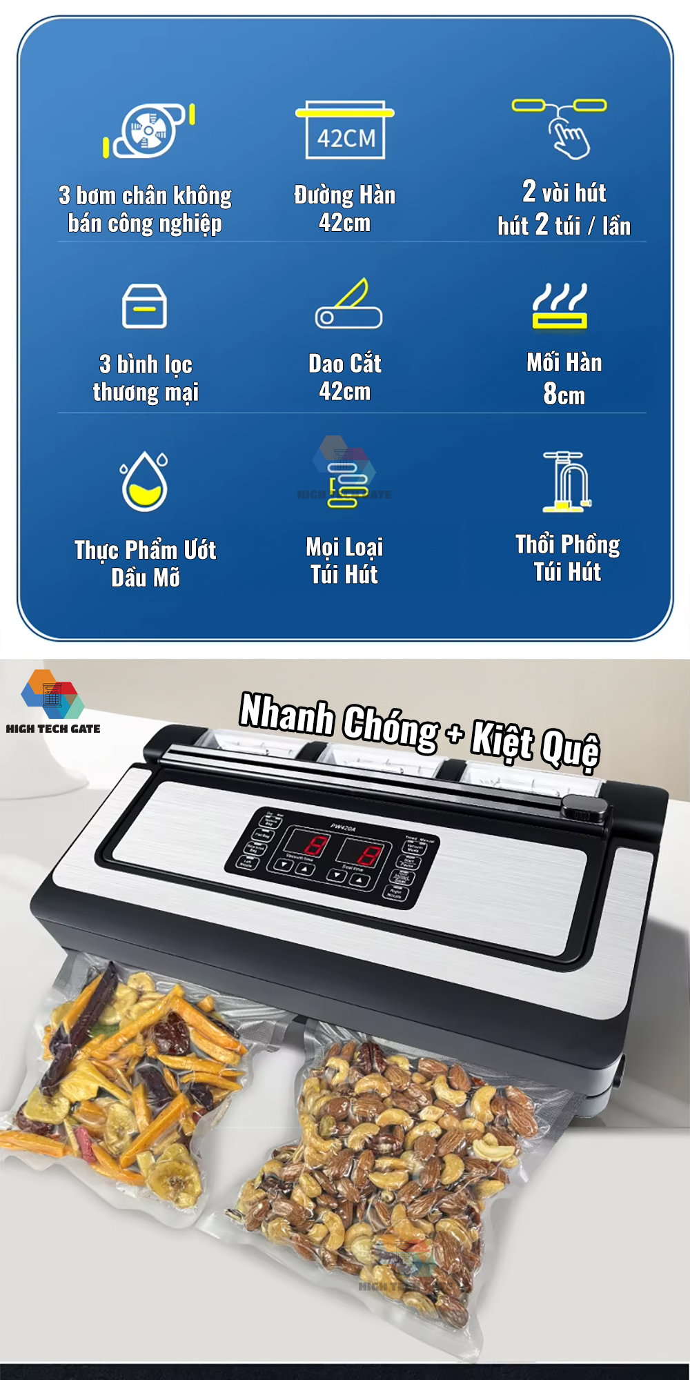 Với việc nâng cấp, cải tiến làm cho việc đóng gói chân không bảo quản thực phẩm tiện lợi, giảm thiểu thời gian đóng gói, tăng độ kín kẽ mối hàn, và thao tác dễ dàng, đặc biệt là có thể sử dụng nhiều loại túi khác nhau, mọi loại túi hút chân không trên thị trường, giúp người dùng có nhiều lựa chọn hơn trong việc đóng gói.  - Đóng gói chân không công nghiêp nhanh hơn với 2 vòi hút, có thể ép chân không 2 túi ngang 20 mỗi lần.
