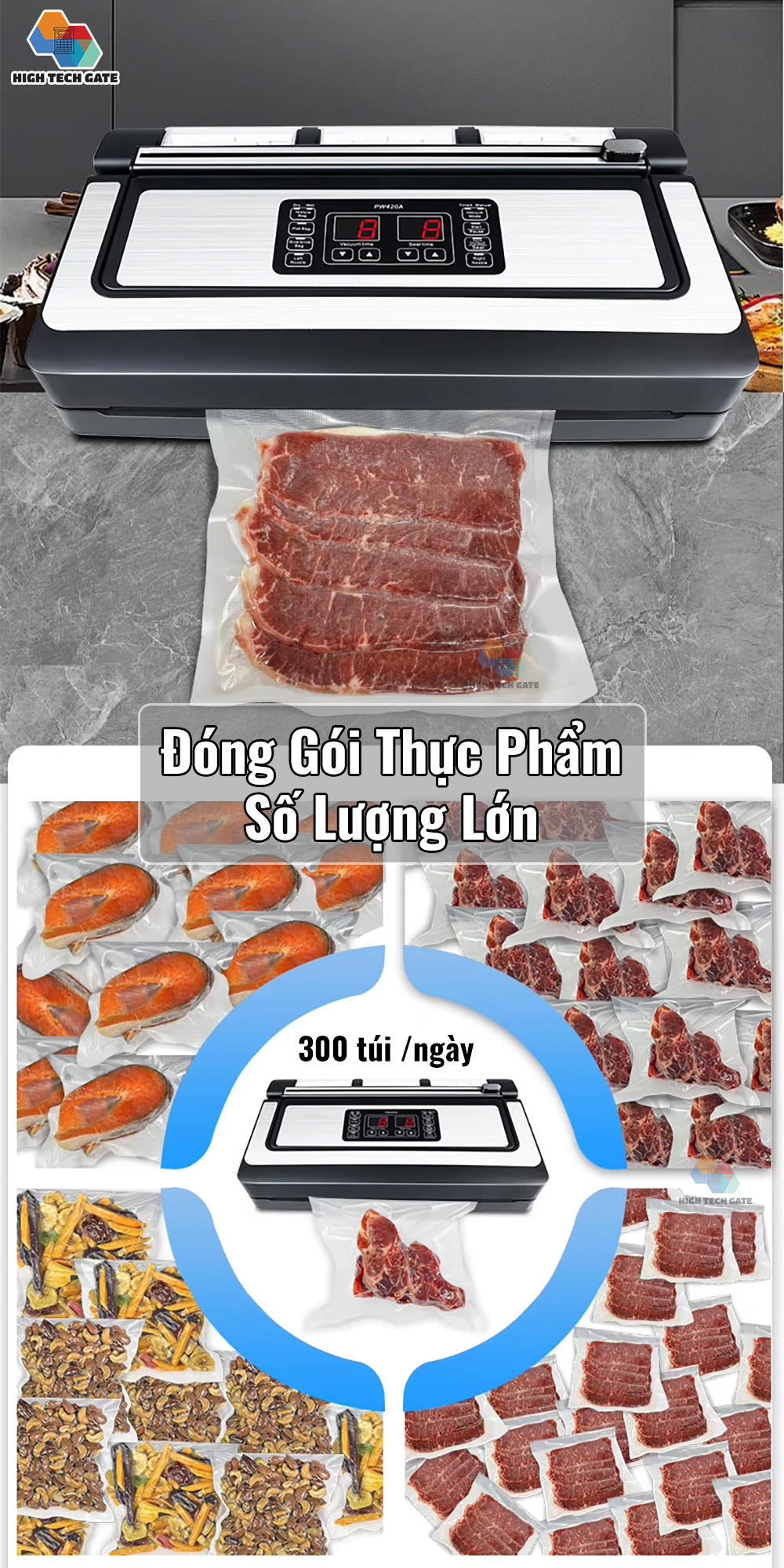 Với việc nâng cấp, cải tiến làm cho việc đóng gói chân không bảo quản thực phẩm tiện lợi, giảm thiểu thời gian đóng gói, tăng độ kín kẽ mối hàn, và thao tác dễ dàng, đặc biệt là có thể sử dụng nhiều loại túi khác nhau, mọi loại túi hút chân không trên thị trường, giúp người dùng có nhiều lựa chọn hơn trong việc đóng gói.  - Đóng gói chân không công nghiêp nhanh hơn với 2 vòi hút, có thể ép chân không 2 túi ngang 20 mỗi lần.