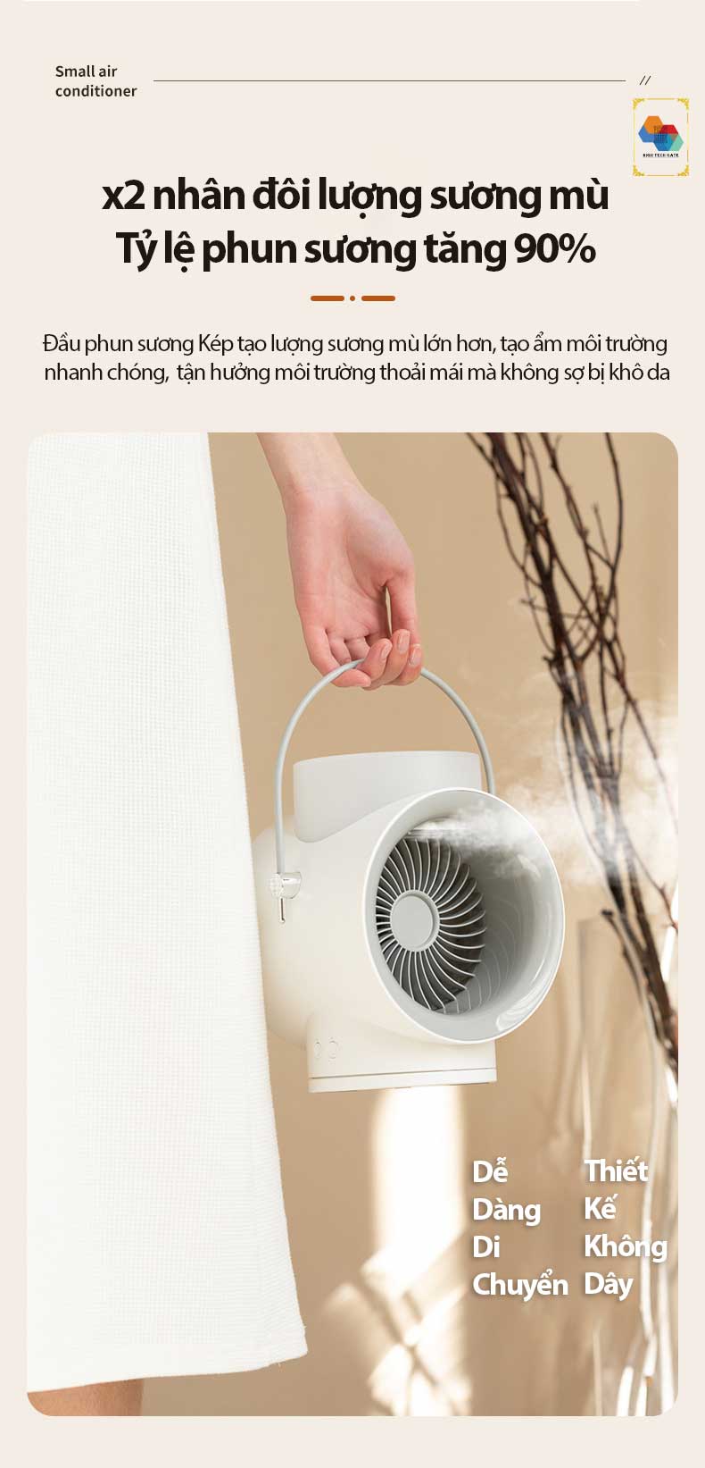 Quạt không dây phun sương tạo ẩm WT-F50 kết hợp tinh dầu tạo hương thơm, tự đông xoay 120º, 3 cấp độ gió mạnh mẽ, kiêm đèn ngủ bật tắt bảo vệ mắt, hàng chính hãng