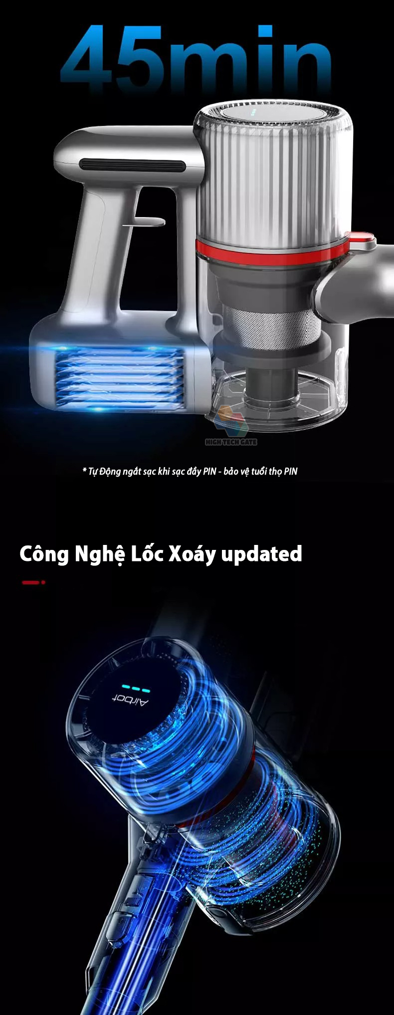Máy hút bụi không dây Airbot cầm tay gia đình và hút bụi ô tô giường nệm, xe hơi phiên bản 3.0 bản full có giá gắn tường