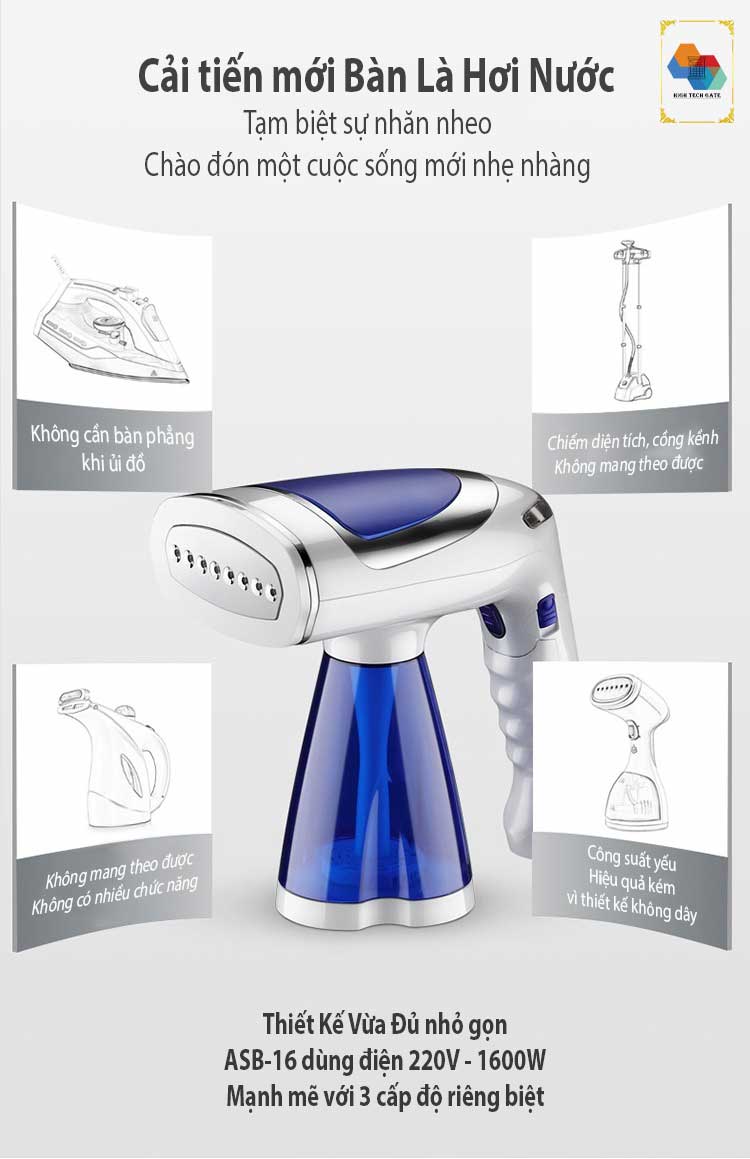 Bàn là hơi nước, máy ủi quần áo ASB-16 phiên bản đa năng 4 trong 1, ba cấp độ ủi với 1600W mạnh mẽ, gấp gọn tiện lợi sử dụng ở nhà hoặc công tác, du lịch, nạp nước ngoài tiện lợi