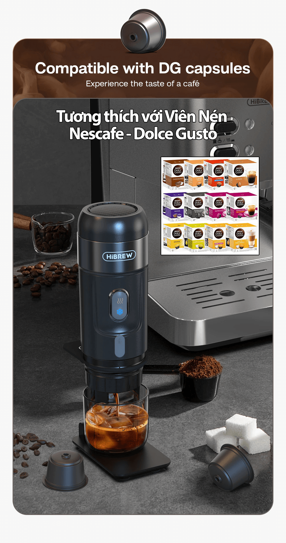 Máy pha cà phê mini HiBREW H4A cầm tay 3 trong 1 sử dụng mọi nơi, pha cafe espresso, cà phê viên nén, nóng và lạnh