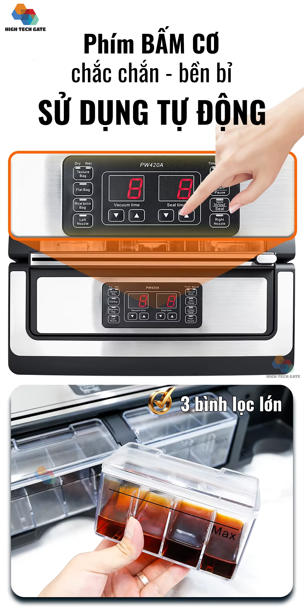 Với việc nâng cấp, cải tiến làm cho việc đóng gói chân không bảo quản thực phẩm tiện lợi, giảm thiểu thời gian đóng gói, tăng độ kín kẽ mối hàn, và thao tác dễ dàng, đặc biệt là có thể sử dụng nhiều loại túi khác nhau, mọi loại túi hút chân không trên thị trường, giúp người dùng có nhiều lựa chọn hơn trong việc đóng gói.  - Đóng gói chân không công nghiêp nhanh hơn với 2 vòi hút, có thể ép chân không 2 túi ngang 20 mỗi lần.