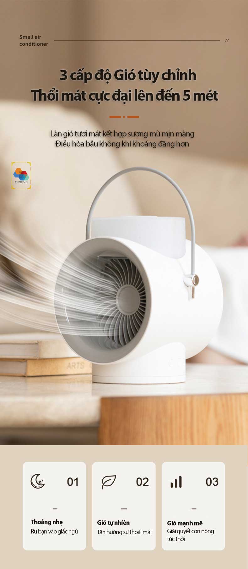 Quạt không dây phun sương tạo ẩm WT-F50 kết hợp tinh dầu tạo hương thơm, tự đông xoay 120º, 3 cấp độ gió mạnh mẽ, kiêm đèn ngủ bật tắt bảo vệ mắt, hàng chính hãng