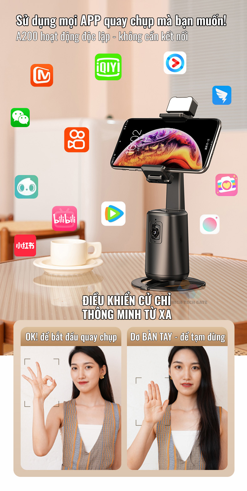 Chân kẹp AI theo dõi chủ thể cho điện thoại livestream, quay Video A200 nâng cấp
