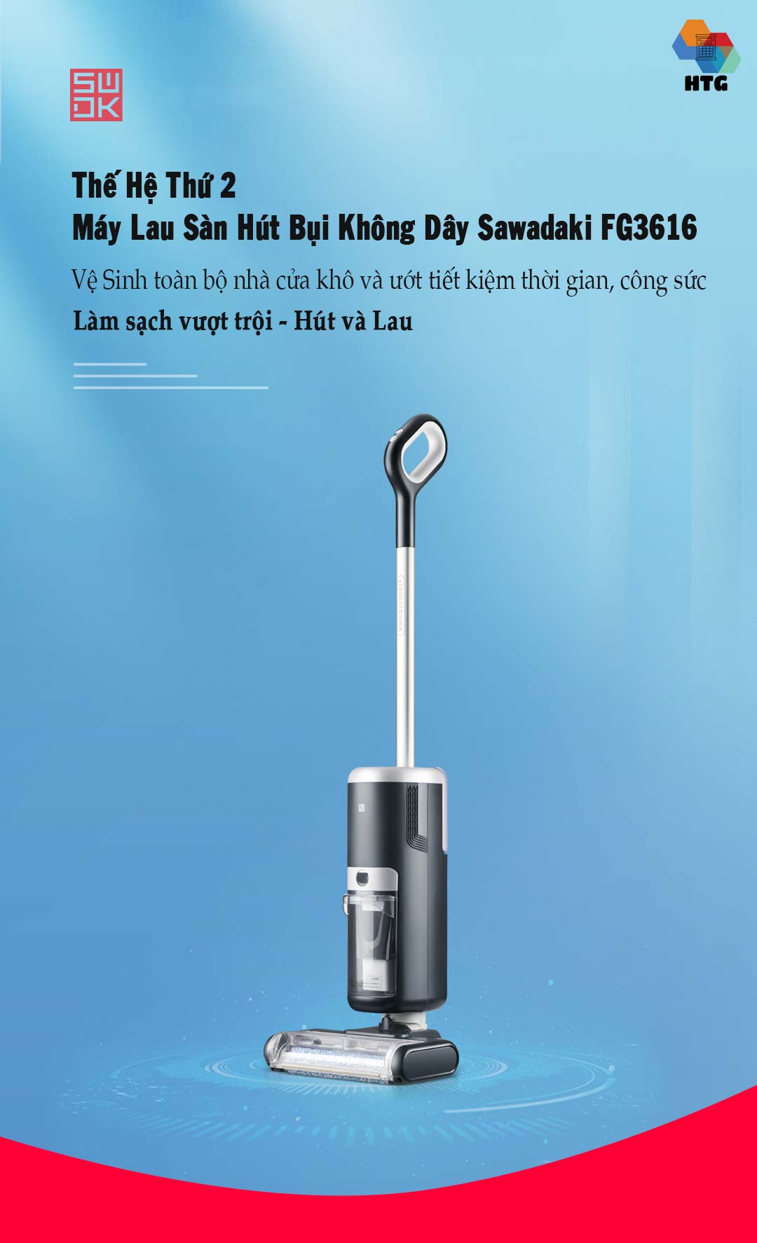 Máy lau nhà hút bụi Sawadaki FG3616 công nghệ mới 3 in 1, tự động giặt giẻ 4s, nâng cấp hút 15000Pa