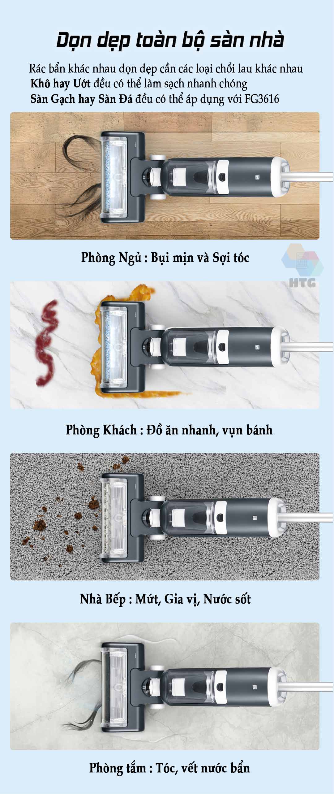 Máy lau nhà hút bụi Sawadaki FG3616 công nghệ mới 3 in 1, tự động giặt giẻ 4s, nâng cấp hút 15000Pa
