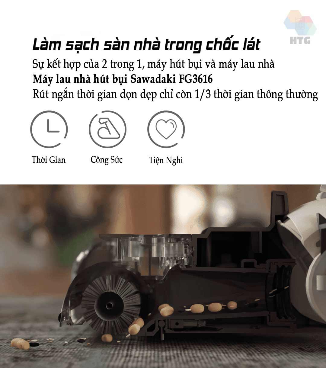 Máy lau nhà hút bụi Sawadaki FG3616 công nghệ mới 3 in 1, tự động giặt giẻ 4s, nâng cấp hút 15000Pa