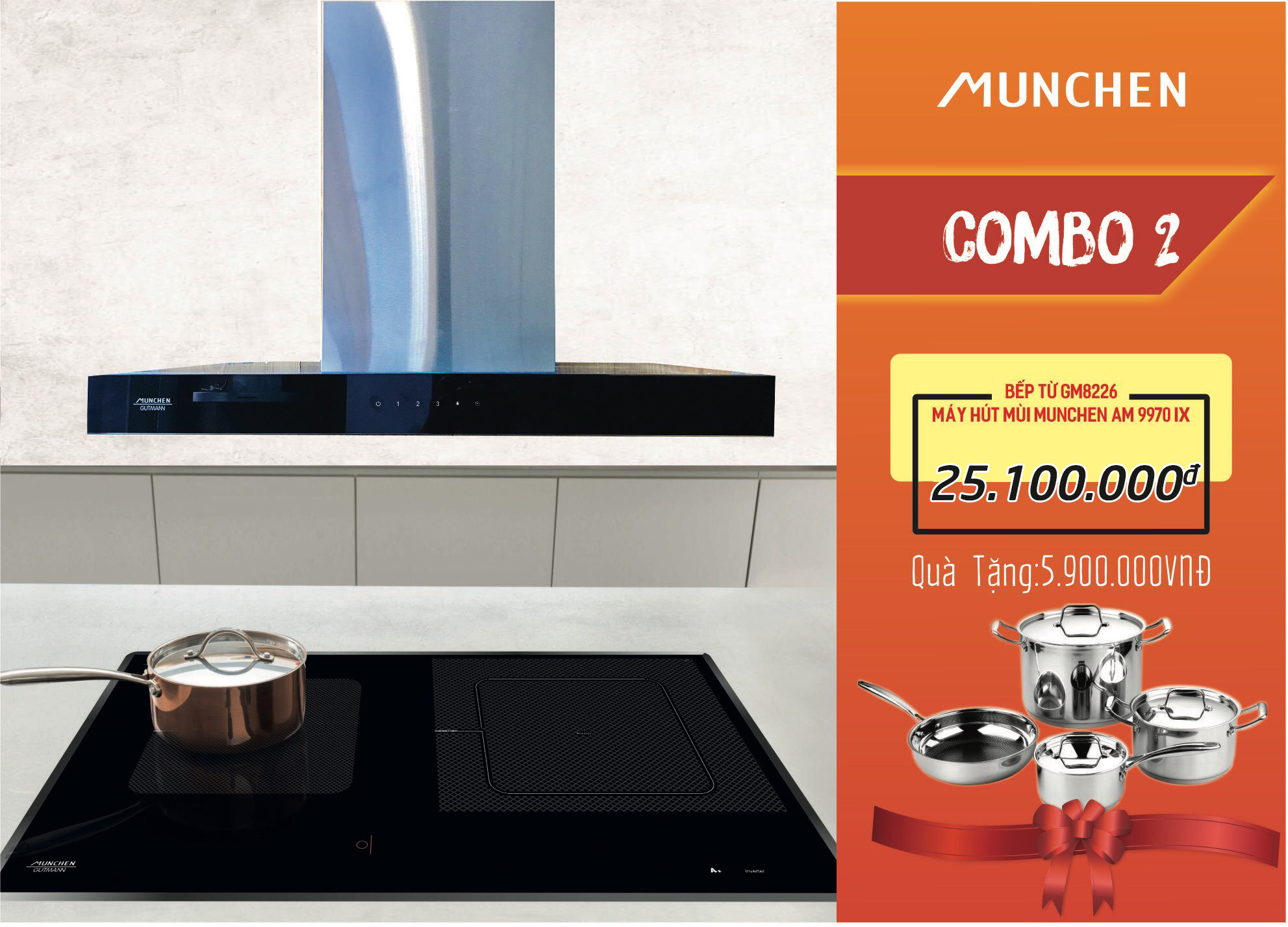 Bếp từ Munchen GM 8226 kèm combo hút mùi Munchen AM 9970IX và bộ nồi nhập khẩu