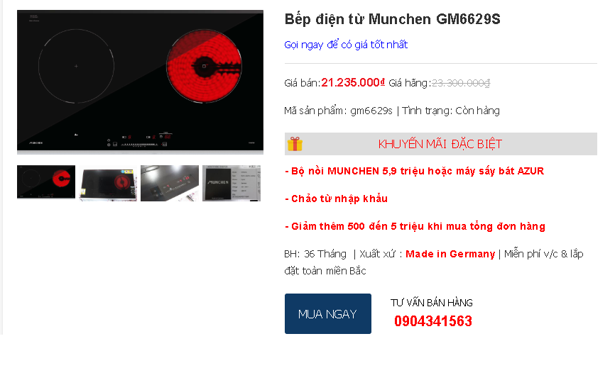 Giá và khuyến mãi bếp điện từ munchen GM6629S