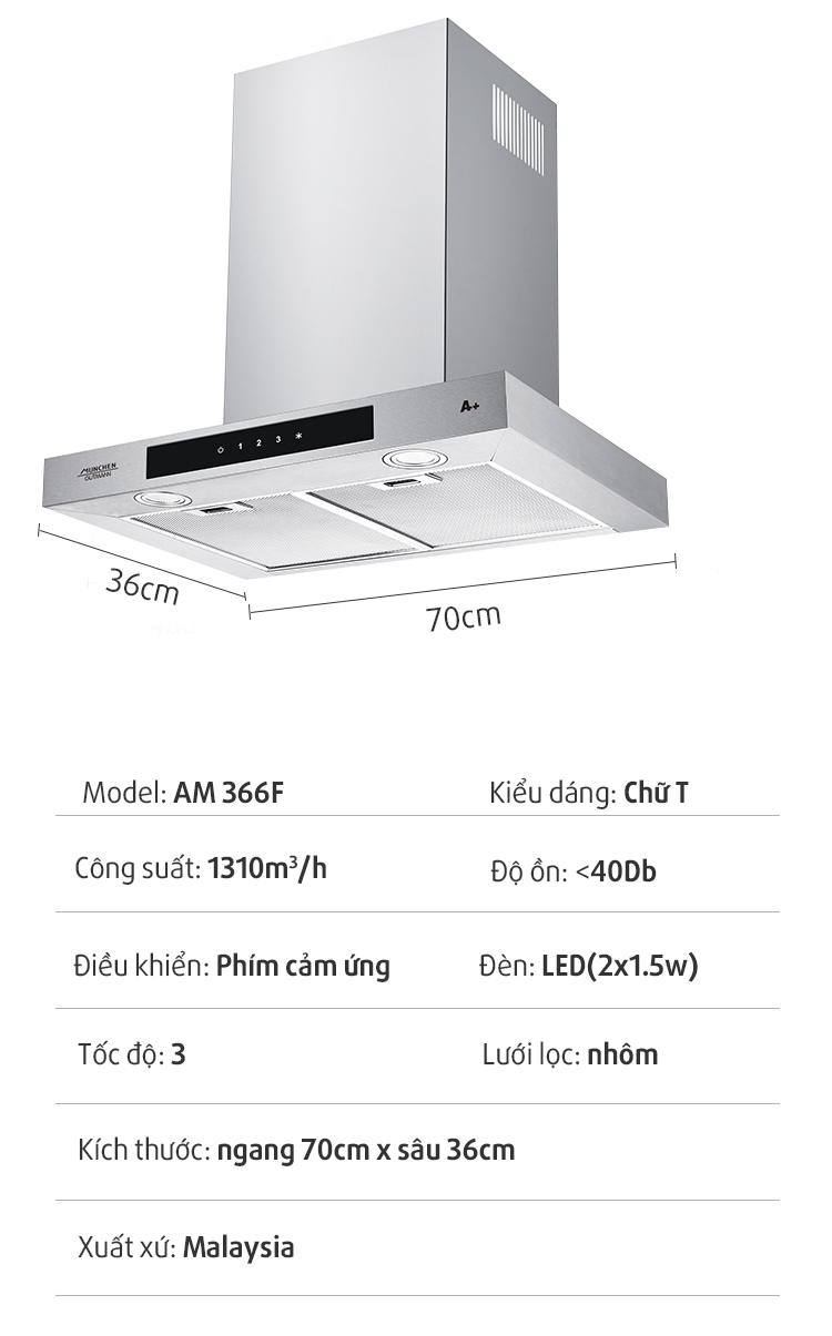 thông số máy hút mùi munchen am366f