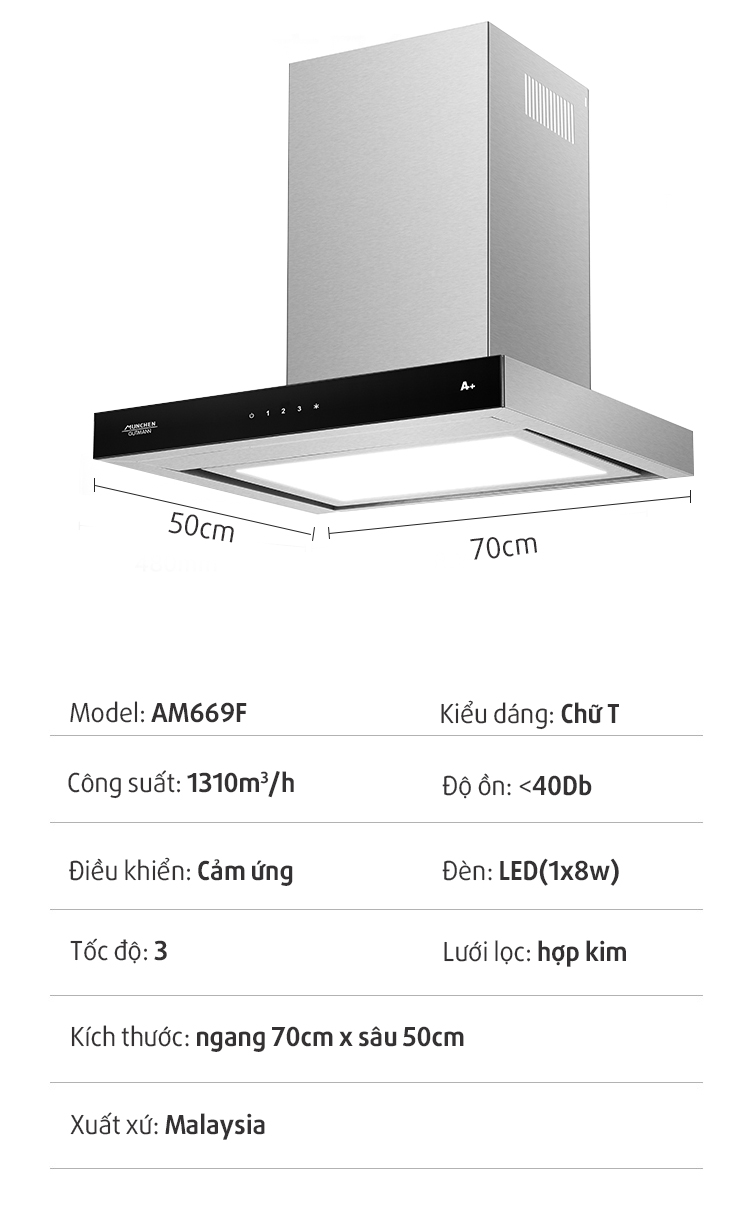 thông số máy hút mùi munchen am669f