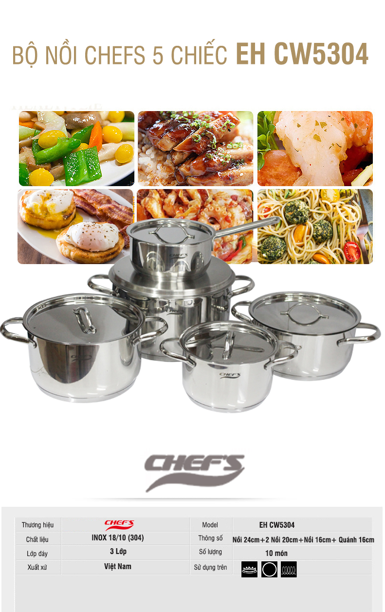 Bộ nồi 5 chiếc Chefs inox 304