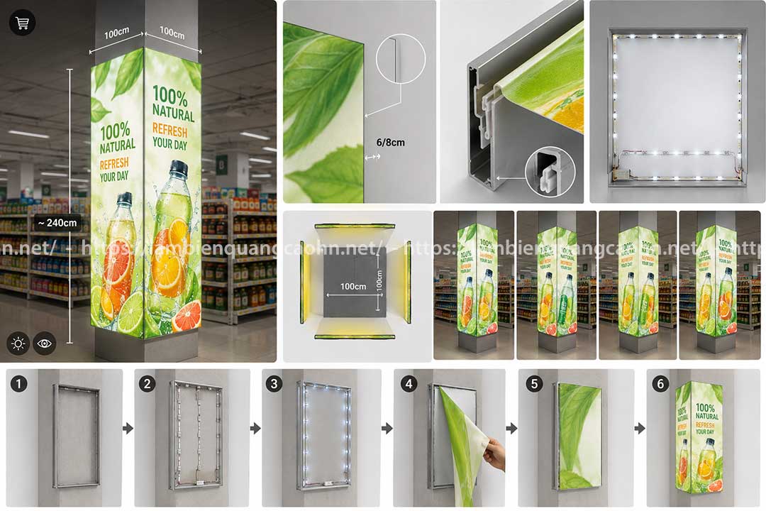 Biển hộp đèn ốp cột siêu thị