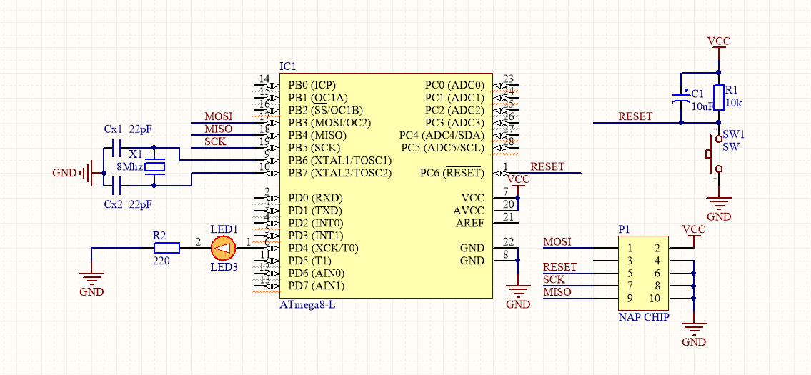 Sơ đồ mạch điều khiển Led đơn của Atmega 8A PU DIP28