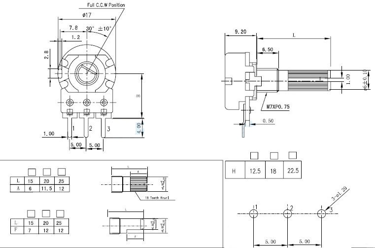 Kich thước chiết áp đơn 10K Ohm