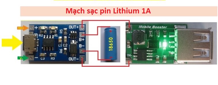 Module sạc và bảo vệ cho pin lithium 18650 dòng 1A