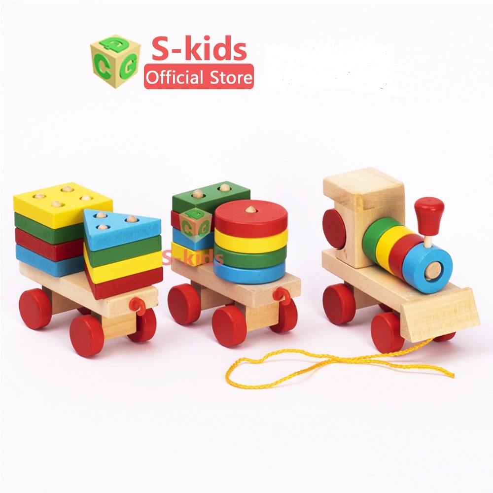 Đồ Chơi Gỗ S-Kids, Tàu Lửa 3 toa thả hình khối đồ chơi kỹ năng