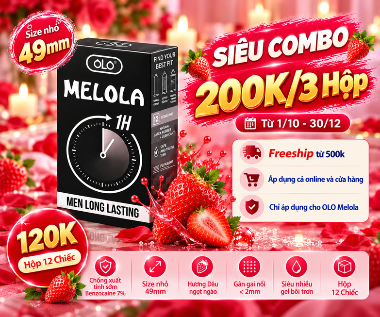Bao Cao Su OLO Melola Mã M49GSt Size Nhỏ 49mm Gân Gai Chống Xuất Tinh Sớm Hương Dâu Hộp 12 Chiếc