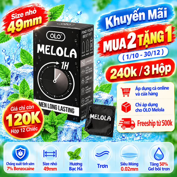 Bao Cao Su Melola Mã M49TMi Size Nhỏ 49mm, Trơn Siêu Mỏng, Chống Xuất Tinh Sớm Hương Bạc Hà Hộp 12 Chiếc